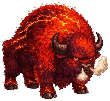 Bisão-Monstro, um bisão enorme de pelo vermelho-brasa com rachaduras de lava no cangote, soltando fumaça pelo focinho