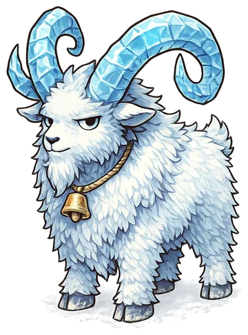 Cabrito-de-Cal, um bode branco e lanudo com chifres espirais de cristal azul-gelo e um sininho de lata