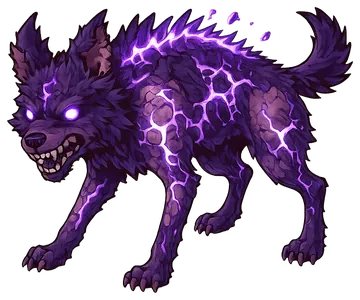 Cão Deteriorado, um cão selvagem magro de pelo roxo-noite com o couro rachado por fendas roxas brilhantes e olhos violeta