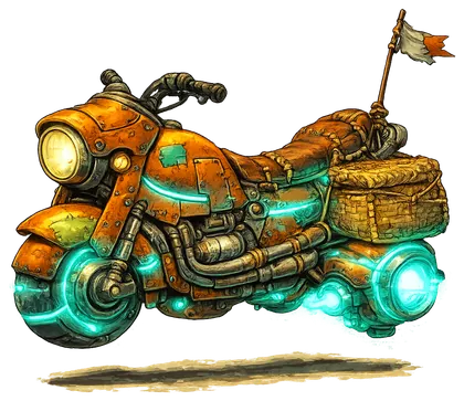 A Crosswer, uma moto flutuante de lata laranja remendada, com propulsores de lúmen ciano e alforje de palha