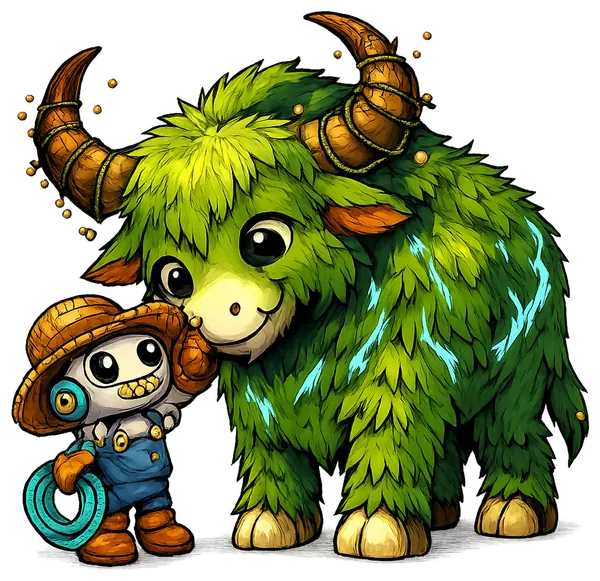 Peão, o robozinho de chapéu de palha, fazendo carinho no focinho do Zebrão, o zebu gigante de pelo verde