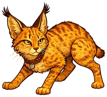 Felino de Bando, um gato-do-mato magro cor de areia e ocre, com listras ferrugem, orelhas de tufo e coleira de couro