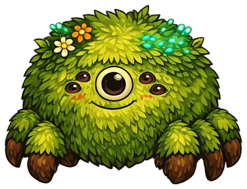 Tarantela, uma aranha redonda e peluda cor de musgo, com um olho grande e gentil e flores no pelo