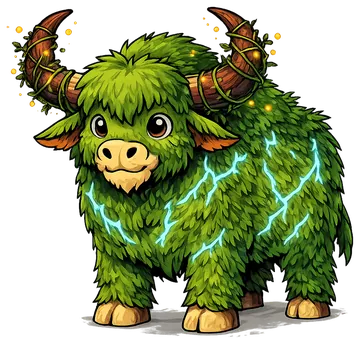 Zebrão, um zebu gigante de pelo verde-musgo, chifres enrolados em cipó e veias de lúmen ciano